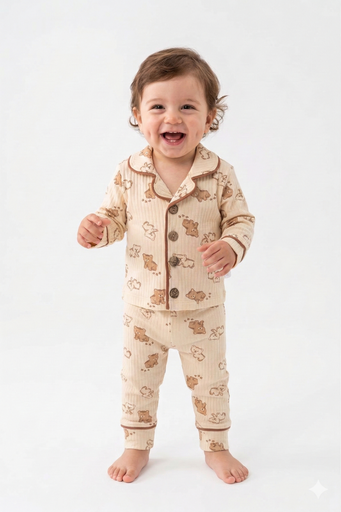 Pamuklu Ayıcık Detaylı 2li Pijama Takımı