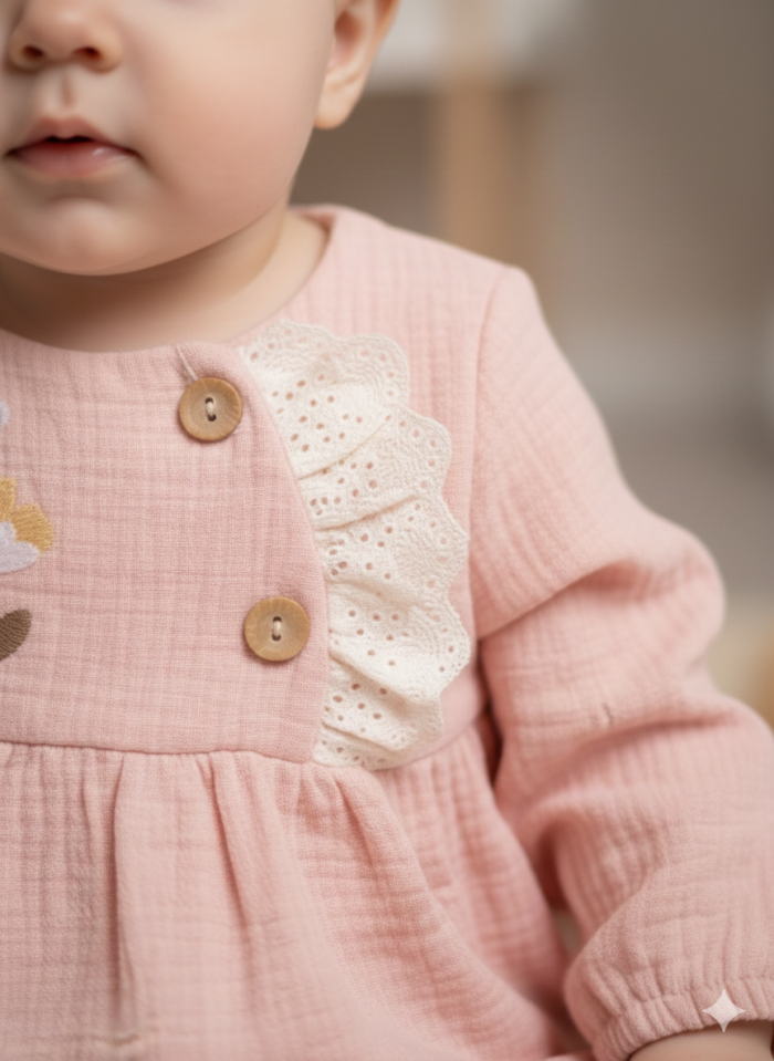 Pamuk Çiçek Nakışlı 2li  Kız Bebek Takım