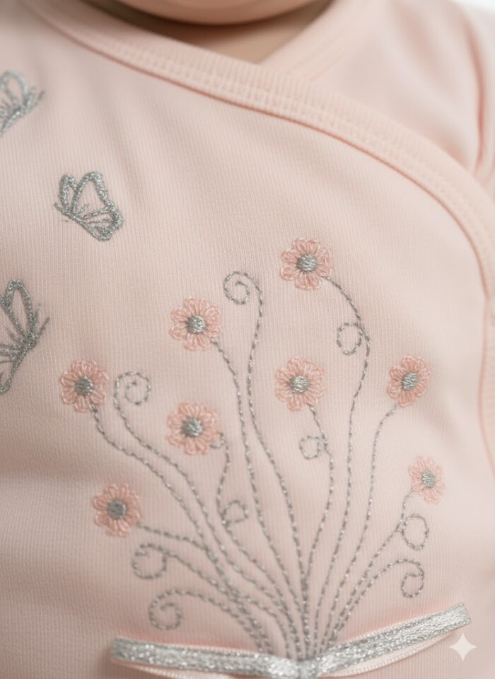 Pamuklu Kelebek Nakışlı Kız Bebek Zıbın 2Lİ Takım