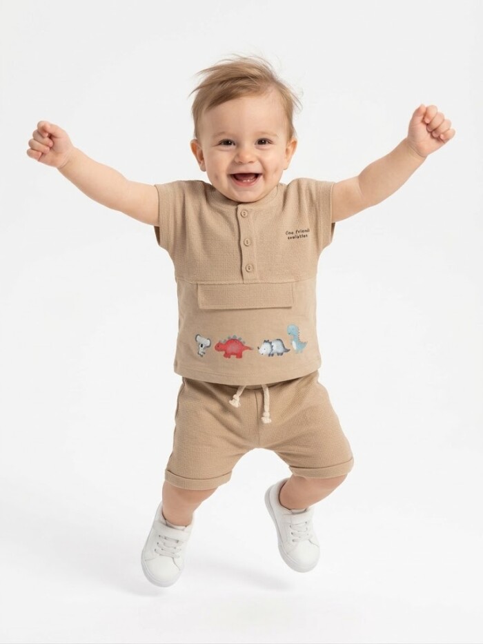 Pamuklu Dinazor Detaylı 2li Erkek Bebek Şortlu Takım