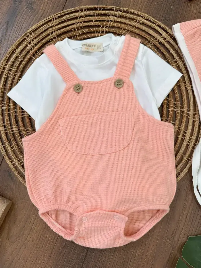 Çıçıtlı Zıbın ve Body Şapkalı Pamuklu Cepli 3lü Günlük Kız Çocuk Salopet Tulum