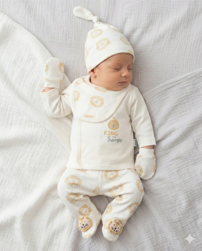 Pamuk Aslan Desenli Erkek Bebek 5li Hastane Çıkışı
