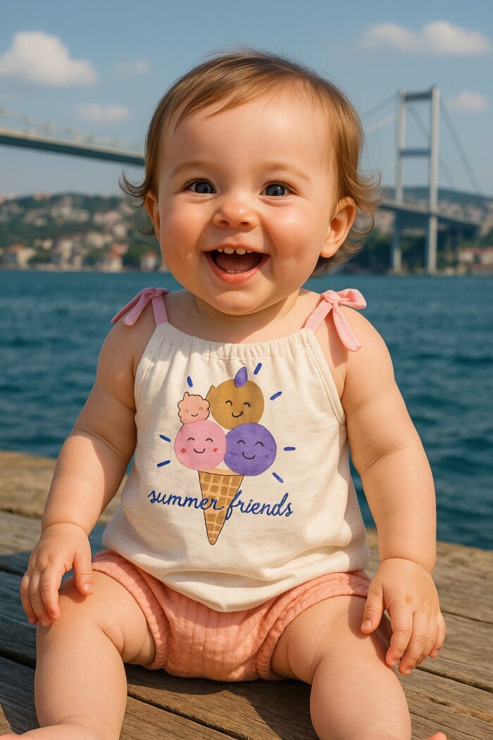 Yazlık Pamuklu Dondurma Baskılı 2li Kız Bebek Takım