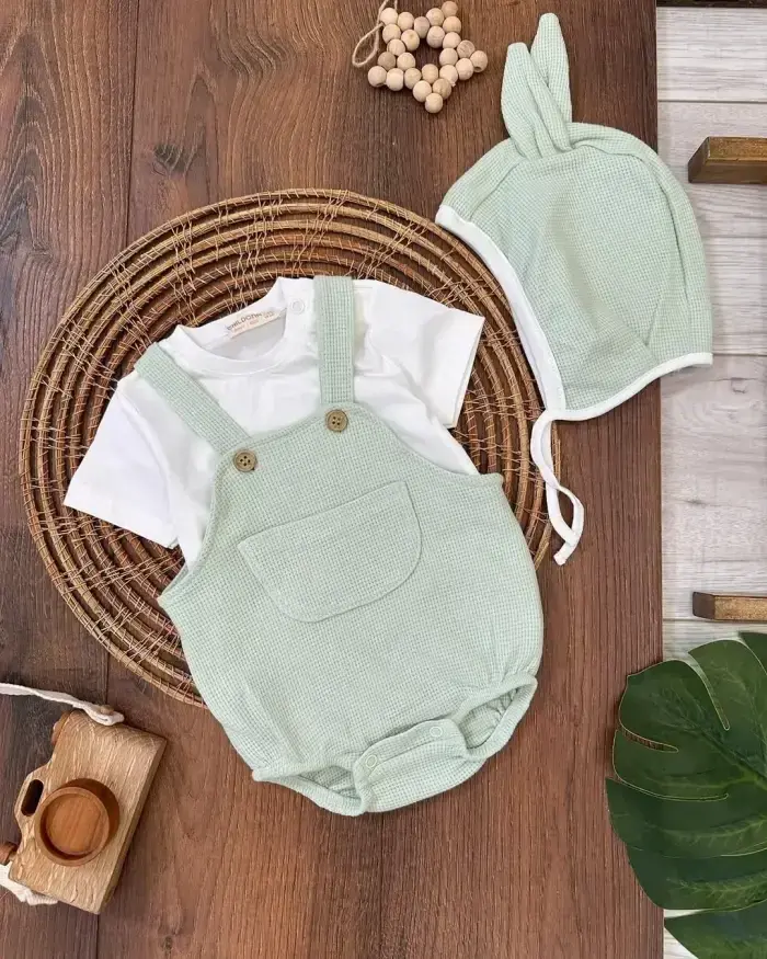 Çıçıtlı Zıbın ve Body Şapkalı Pamuklu Cepli 3lü Günlük Kız Çocuk Salopet Tulum