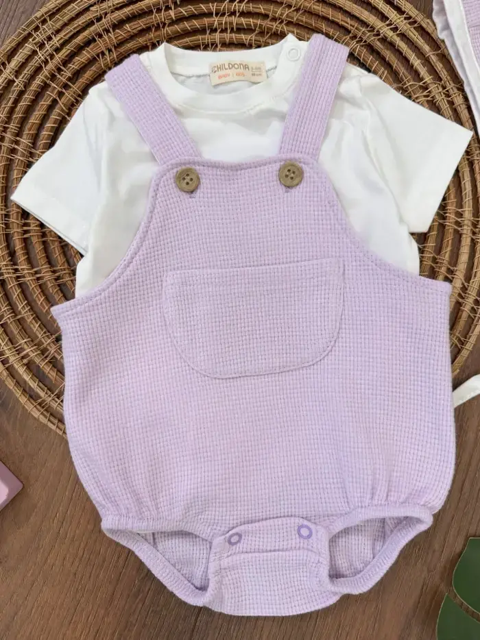 Çıçıtlı Zıbın ve Body Şapkalı Pamuklu Cepli 3lü Günlük Kız Çocuk Salopet Tulum