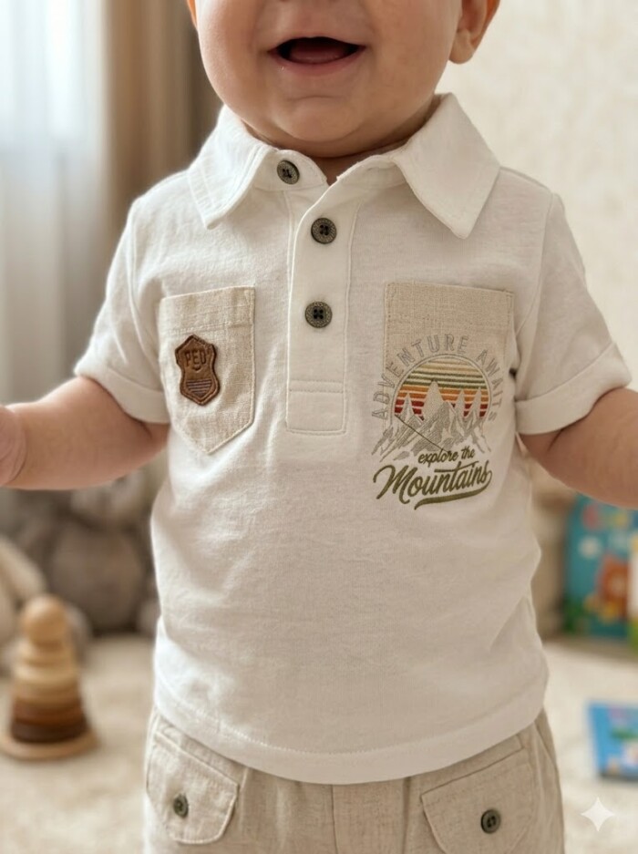 Pamuklu  gömlek yaka Düğmeli Erkek Bebek Takım