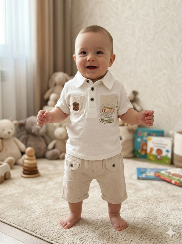 Pamuklu  gömlek yaka Düğmeli Erkek Bebek Takım