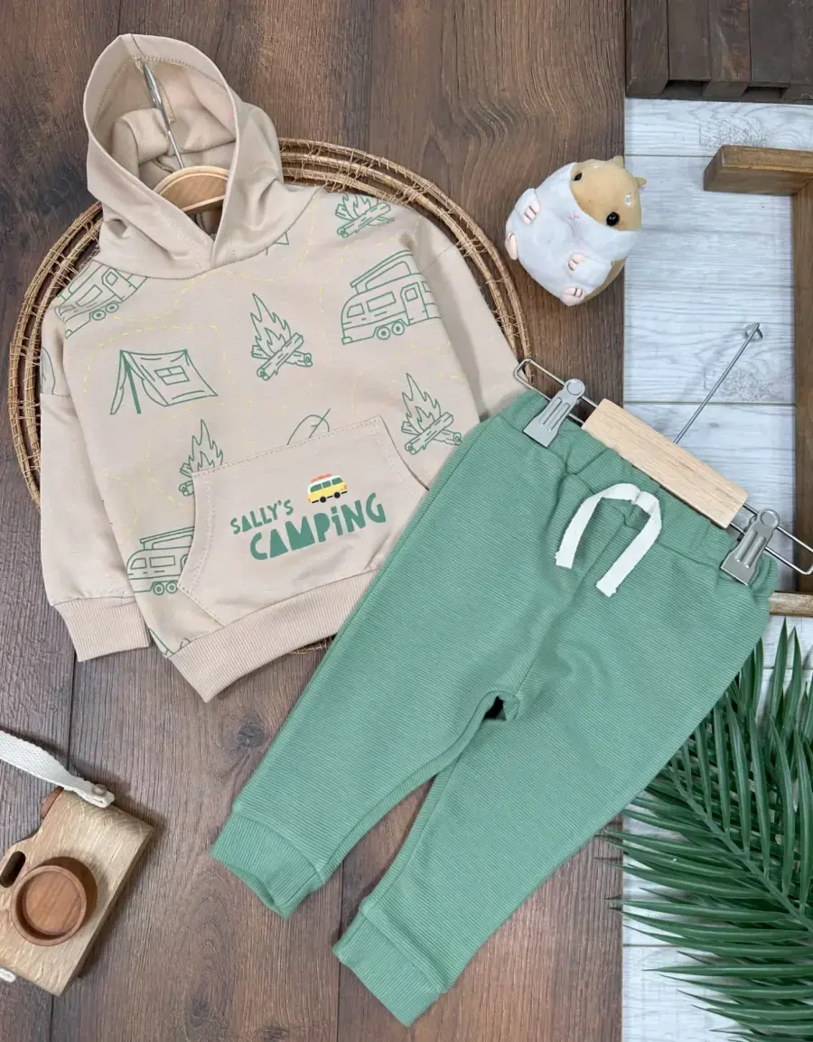 Yeşil Camping Mevsimlik Kapüşonlu Kanguru Cep 2li Erkek Bebek Takım
