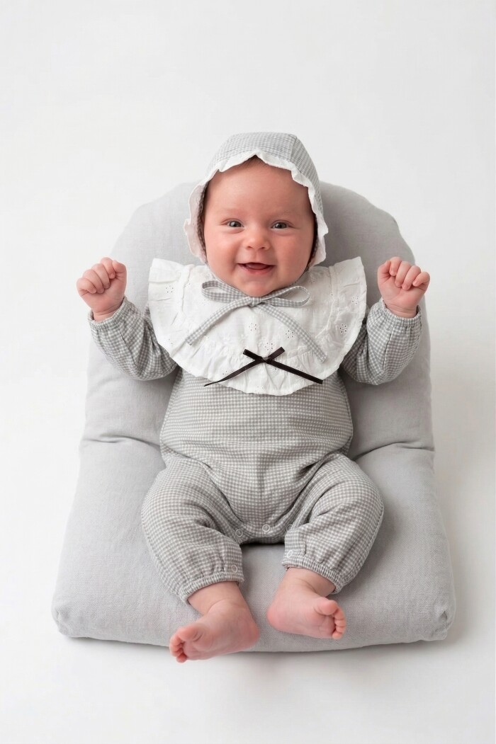 Ekose Detaylı, İngiliz Şapkalı, Mevsimlik, Günlük, Kız  Bebek Tulum