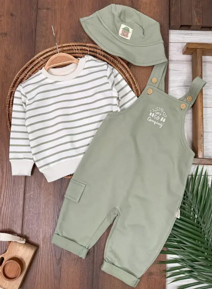 Safari Şapkalı Şeritli Sweatshirt Salopet Erkek Bebek Takım