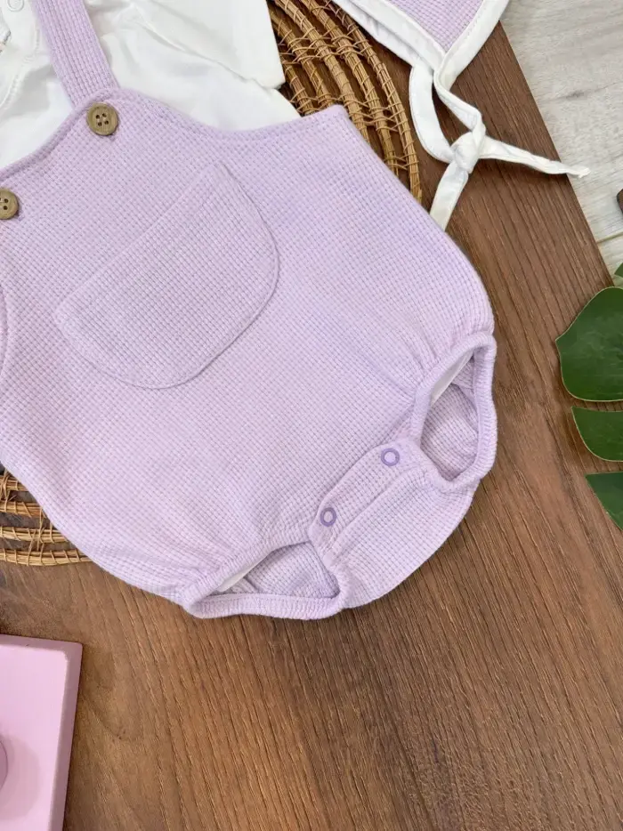 Çıçıtlı Zıbın ve Body Şapkalı Pamuklu Cepli 3lü Günlük Kız Çocuk Salopet Tulum