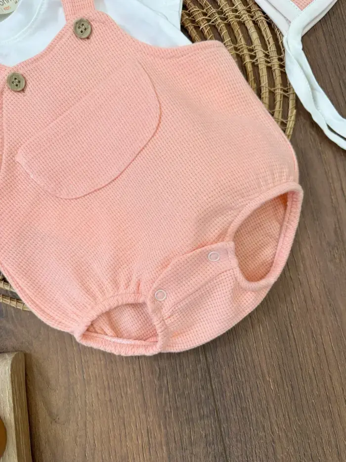 Çıçıtlı Zıbın ve Body Şapkalı Pamuklu Cepli 3lü Günlük Kız Çocuk Salopet Tulum