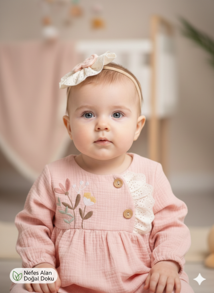 Pamuk Çiçek Nakışlı 2li  Kız Bebek Takım