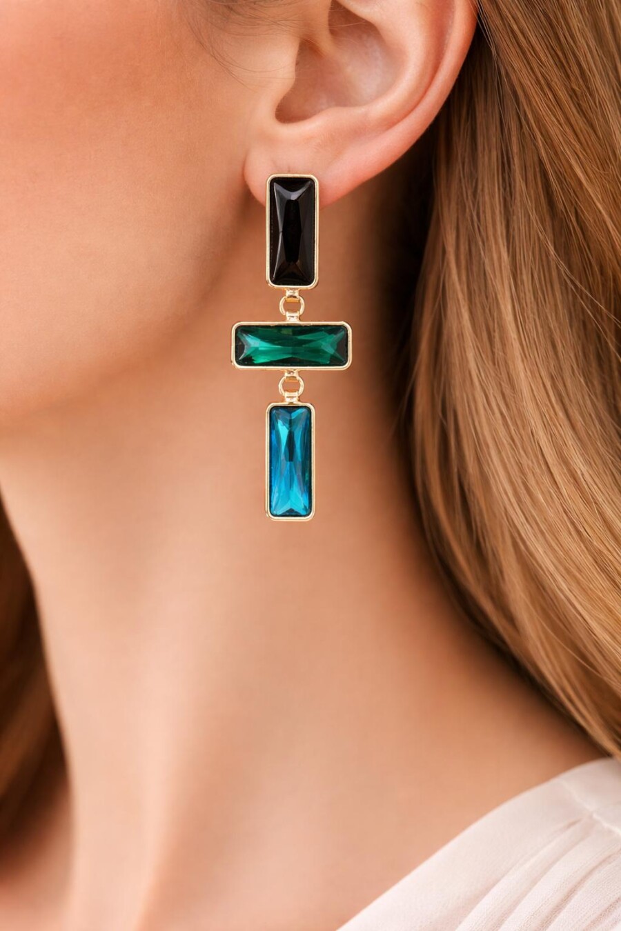 Siyah Yeşil Mavi Taşlı Sallantılı Küpe 38