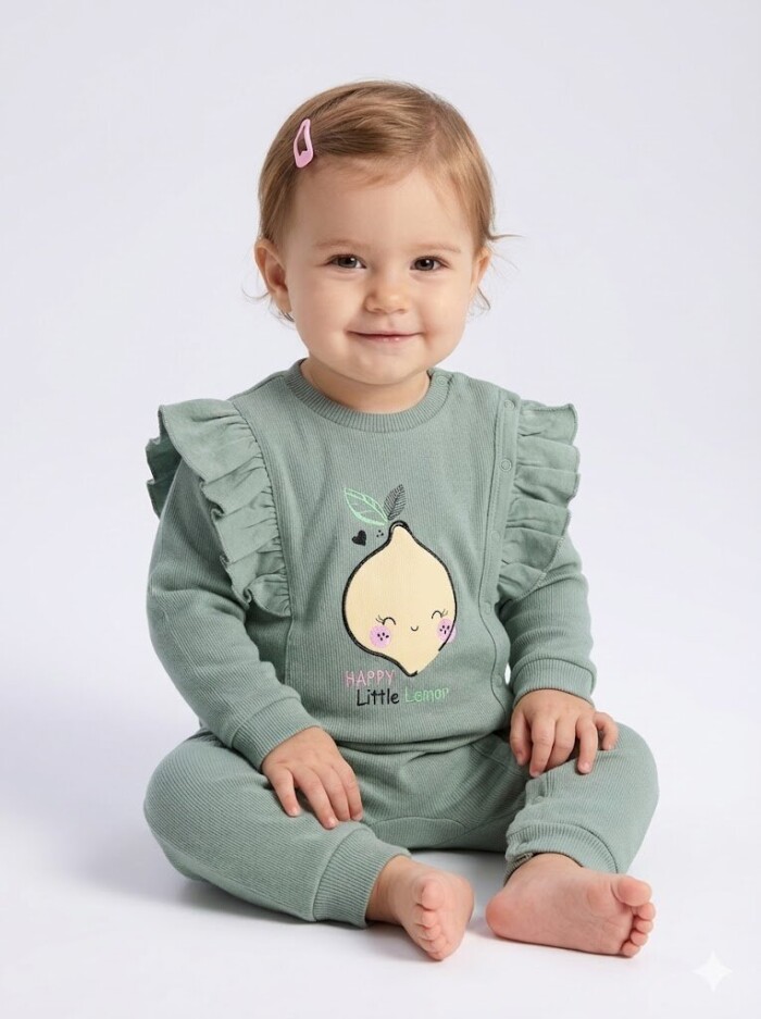 Selanik Örgüsü Pamuklu limon Detaylı Kız Bebek Tulum