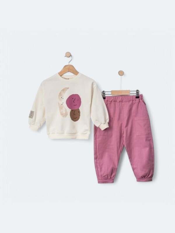 Krem Renk %100 Pamuklu Gabardin Pantolonlu Likralı Cepli Kız Çocuk Takım
