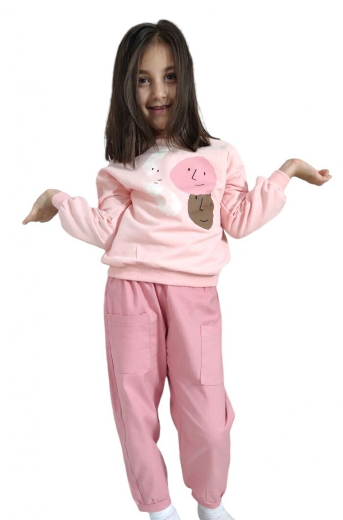 Pembe Renk %100 Pamuklu Gabardin Pantolon Likralı Cepli Kız Çocuk Takım