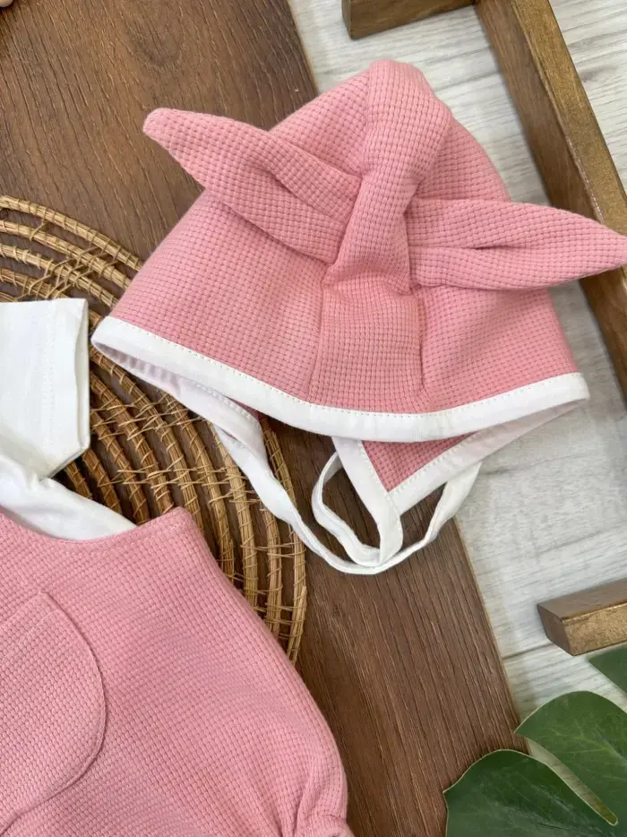 Çıçıtlı Zıbın ve Body Şapkalı Pamuklu Cepli 3lü Günlük Kız Çocuk Salopet Tulum