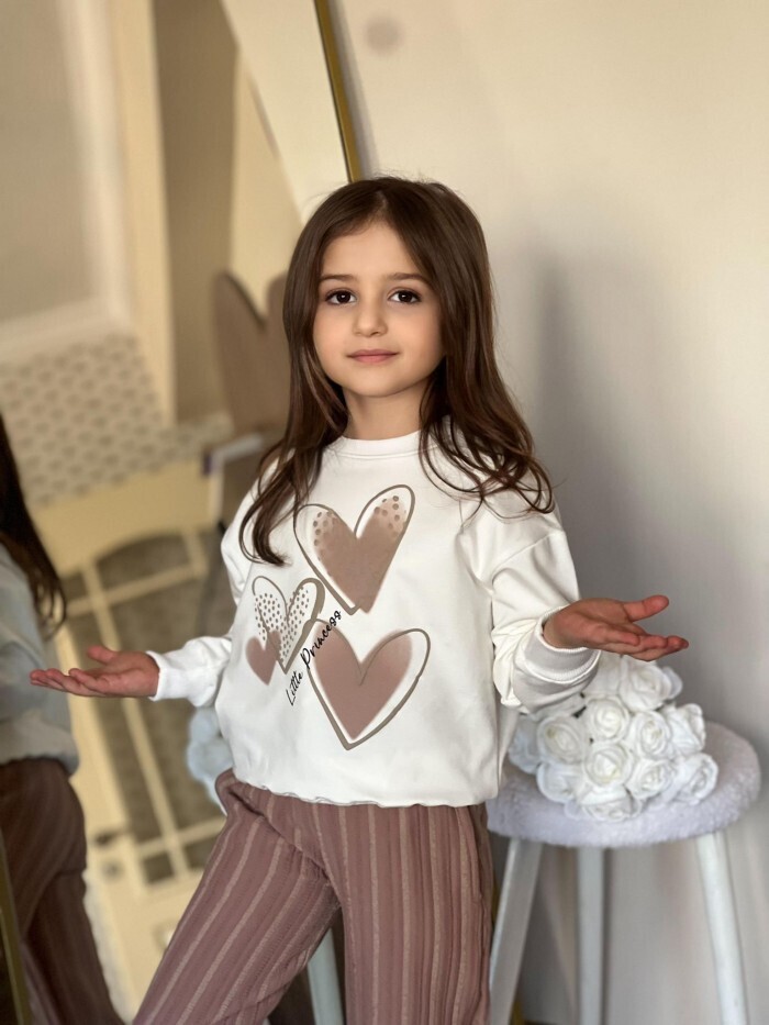 Kahverengi %80 Pamuk Kalp Desenli Mevsimlik Kız Çocuk Takım