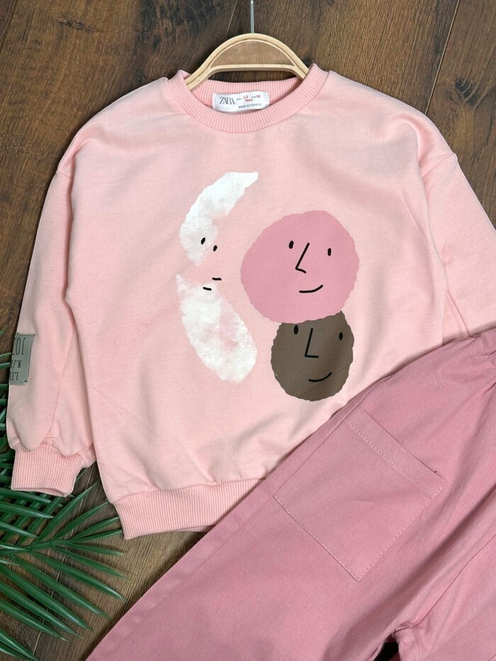 Pembe Renk %100 Pamuklu Gabardin Pantolon Likralı Cepli Kız Çocuk Takım