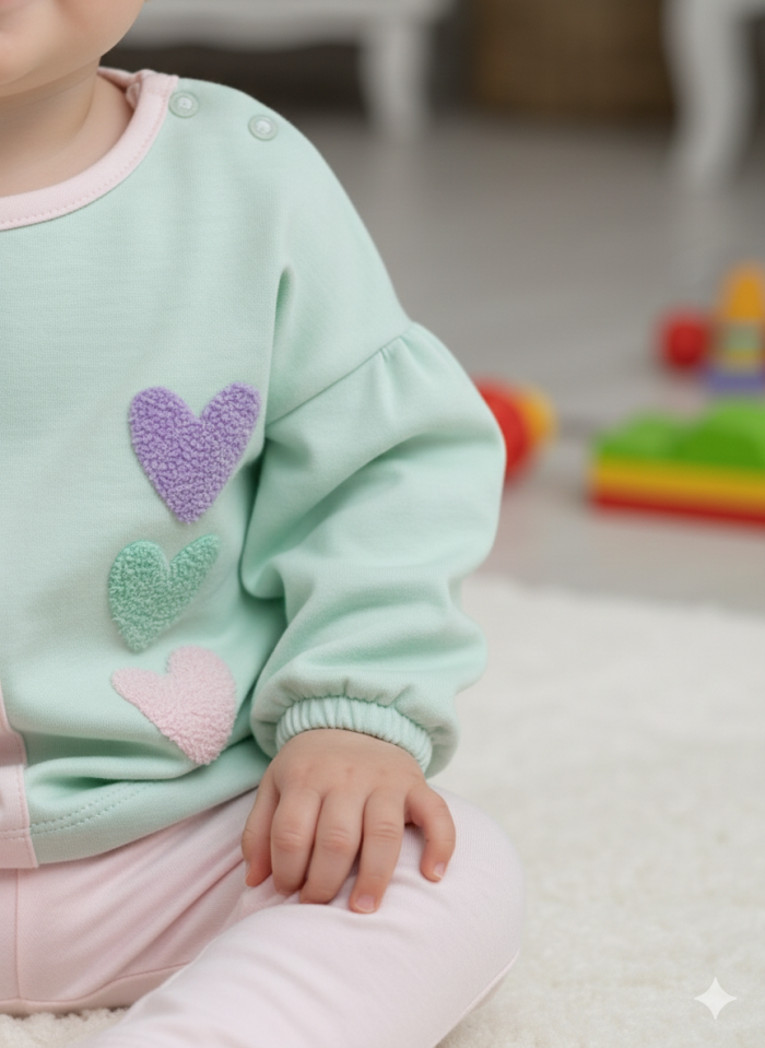 Pamuk Yumuşak Kalp Desenli 2li Kız Bebek Takım