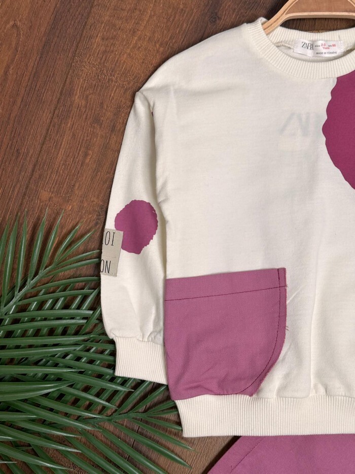 Lila Pembe Pamuklu Keten Pantolon Mevsimlik Uzun kollu Kız Çocuk Takım
