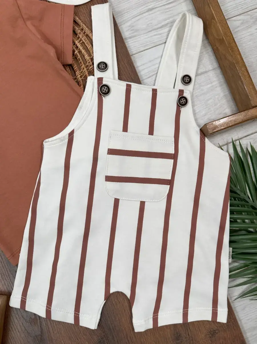 3lü Şapkalı Omuzdan Çıtçıtlı Şeritli Salopet Erkek Bebek Takım