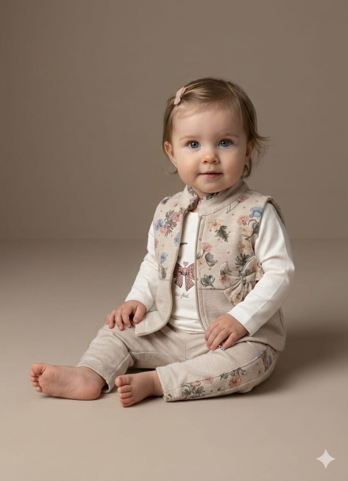 Organik Çiçek Desenli Yelekli Kız Bebek 3lü Takım