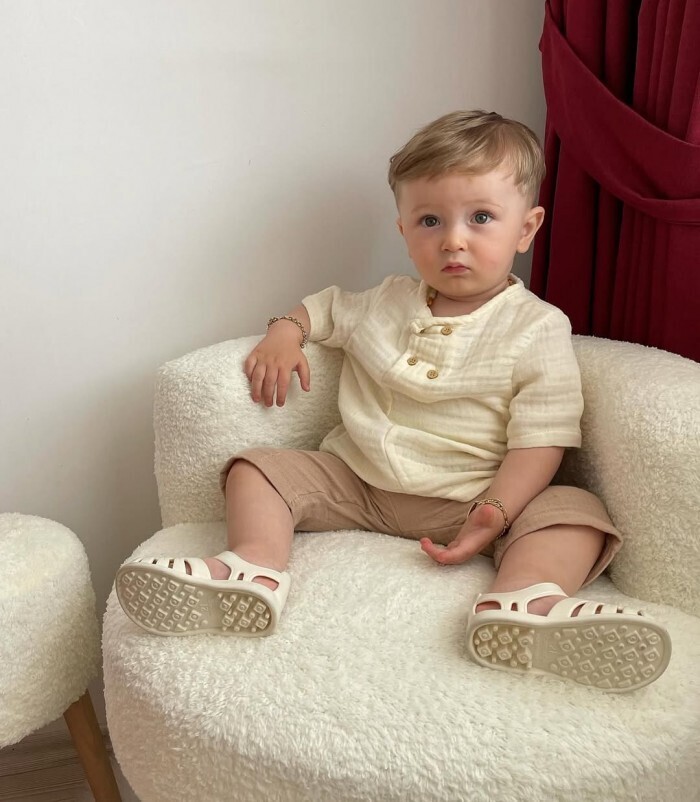 Ekru Pamuklu 3 Kat Müslin Erkek Bebek Organik Bisiklet Yaka Takım
