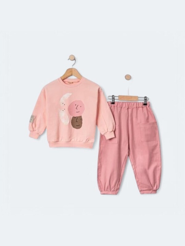 Pembe Renk %100 Pamuklu Gabardin Pantolon Likralı Cepli Kız Çocuk Takım