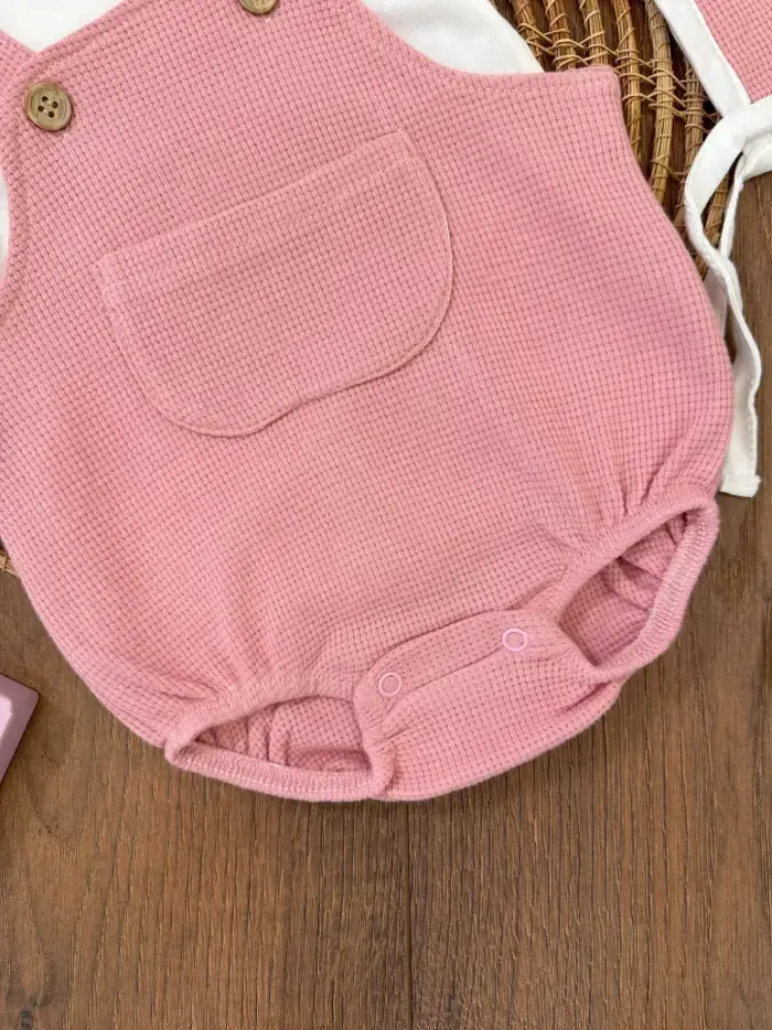 Çıçıtlı Zıbın ve Body Şapkalı Pamuklu Cepli 3lü Günlük Kız Çocuk Salopet Tulum