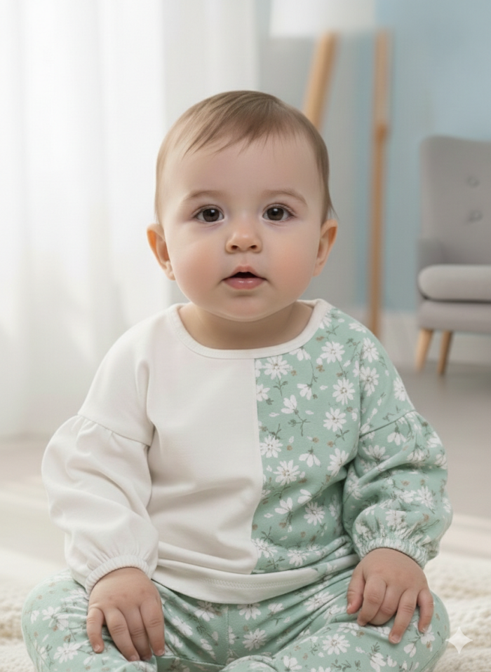 Organik Çiçek Desenli Erkek Bebek 2li Takım