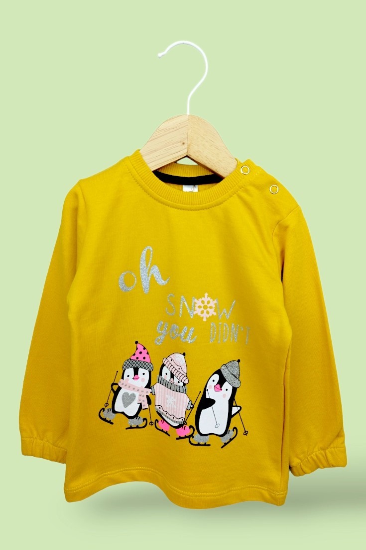 SARI RENK UZUN KOLLU, LASTİKLİ PAÇA, PAMUKLU, DESENLİ, YAZLIK KIZ ÇOCUK & BEBEK SWEATSHIRT