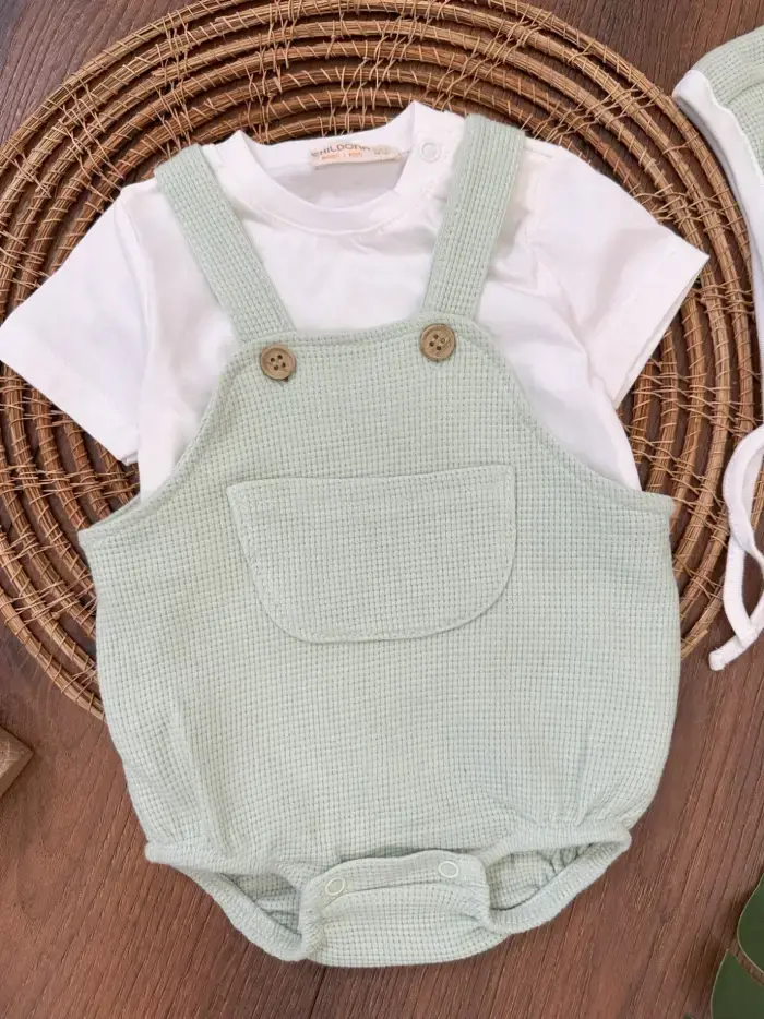 Çıçıtlı Zıbın ve Body Şapkalı Pamuklu Cepli 3lü Günlük Kız Çocuk Salopet Tulum