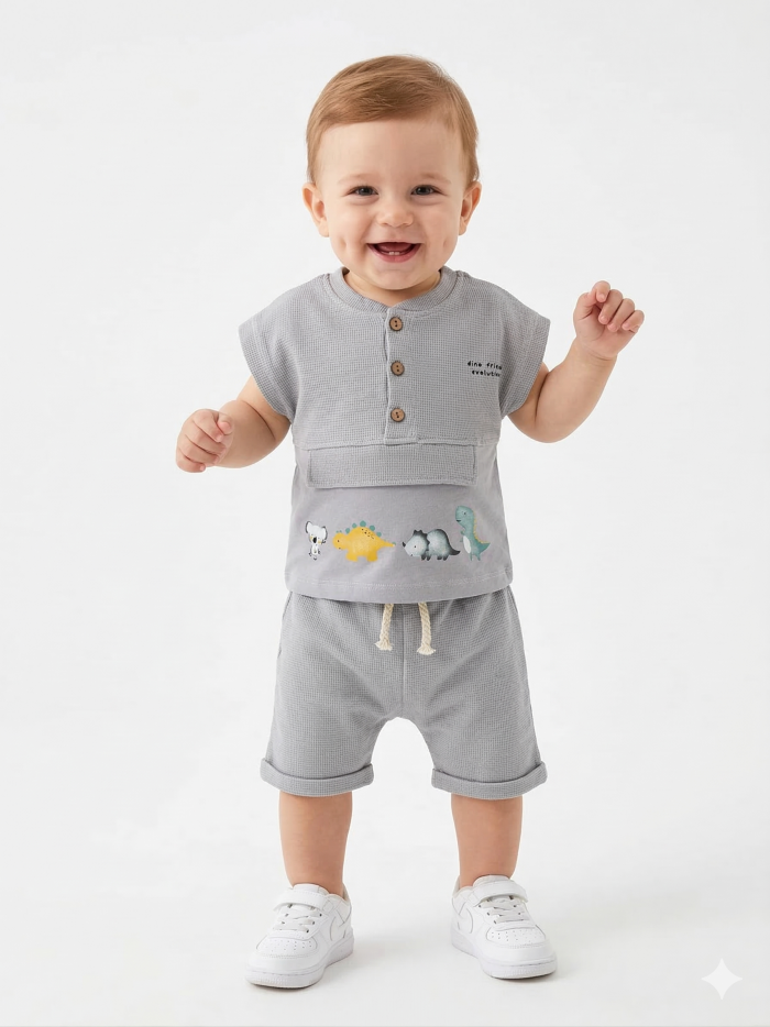 Pamuklu Dinazor Detaylı 2li Erkek Bebek Takım