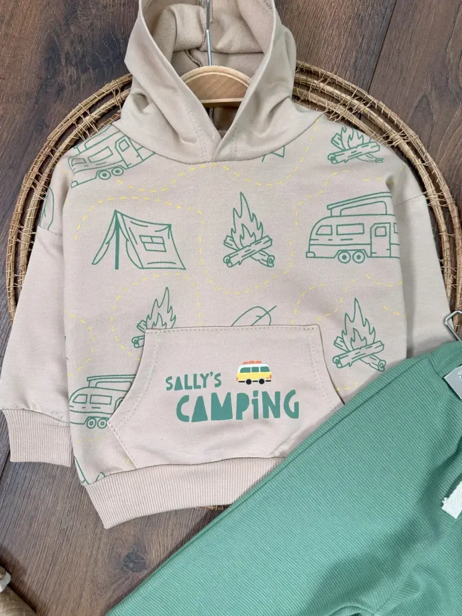 Yeşil Camping Mevsimlik Kapüşonlu Kanguru Cep 2li Erkek Bebek Takım
