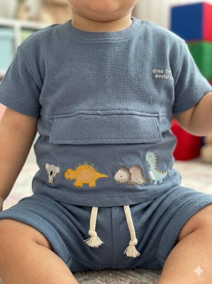 Pamuklu Dinazor Detaylı 2li Erkek Bebek Takım