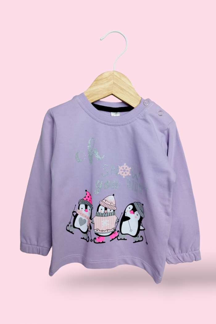 KIZ ÇOCUK & BEBEK SWEATSHIRT MOR PENGUEN DESENLİ BİSİKLET YAKA - DÜĞMELİ YAKA UZUN KOLLU