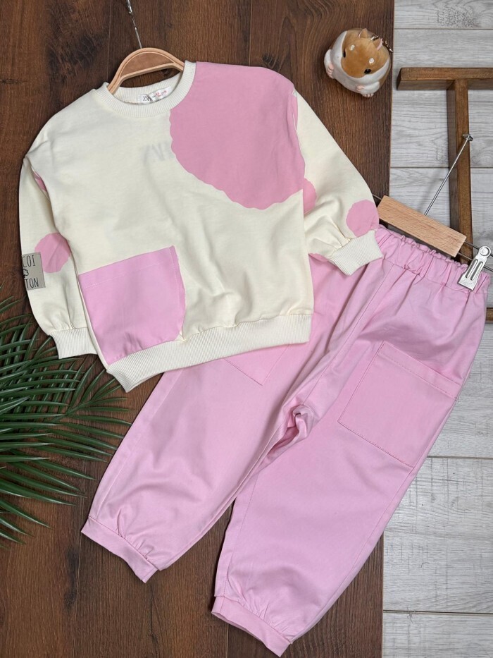 Pembe %100 Pamuklu Mevsimlik Uzun kollu Kız Çocuk Takım