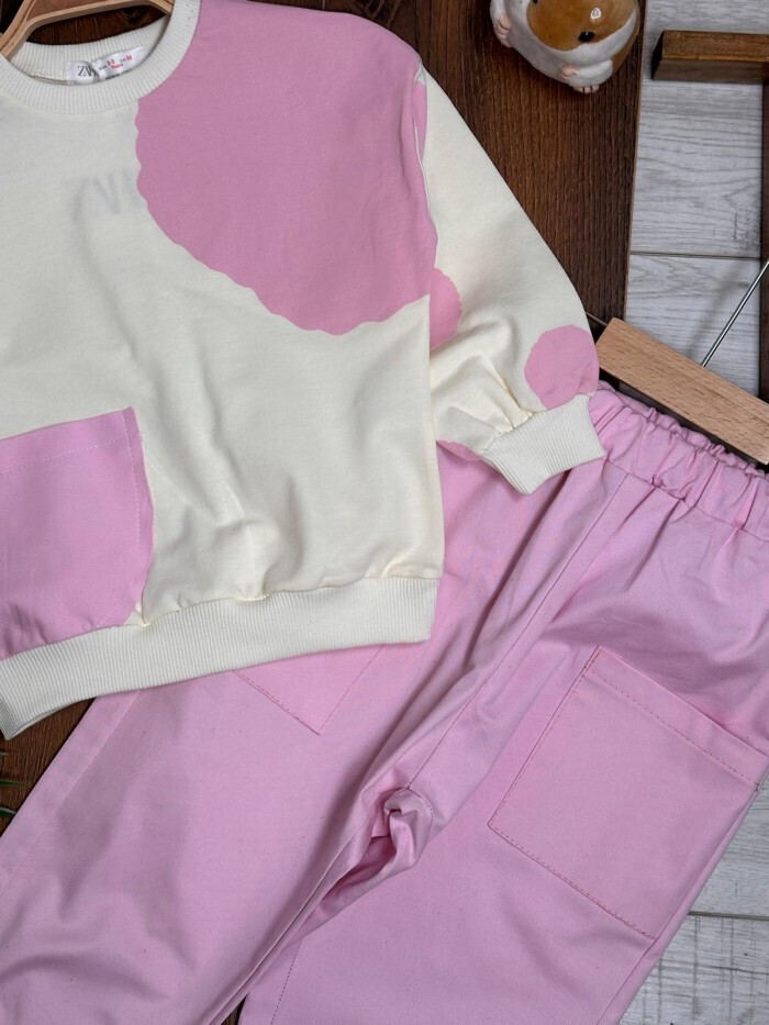 Pembe %100 Pamuklu Mevsimlik Uzun kollu Kız Çocuk Takım