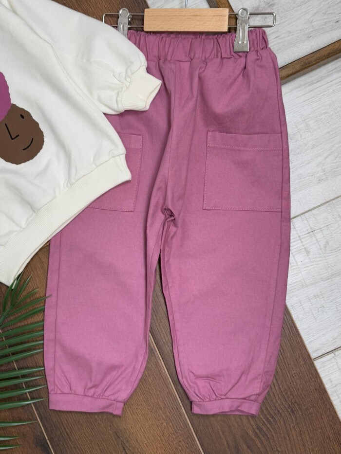 Krem Renk %100 Pamuklu Gabardin Pantolonlu Likralı Cepli Kız Çocuk Takım