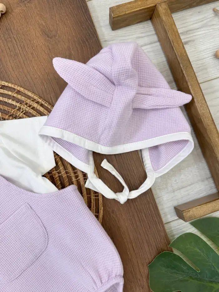 Çıçıtlı Zıbın ve Body Şapkalı Pamuklu Cepli 3lü Günlük Kız Çocuk Salopet Tulum