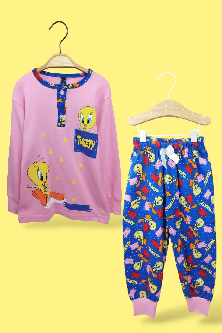 PEMBE RENK TWEETY UZUN KOLLU LASTİKLİ PAÇA VE KOL UNISEX ÇOCUK PİJAMA TAKIMI