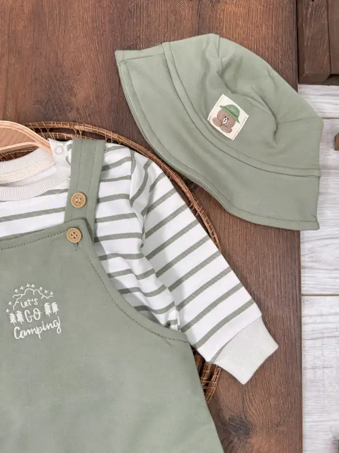 Safari Şapkalı Şeritli Sweatshirt Salopet Erkek Bebek Takım