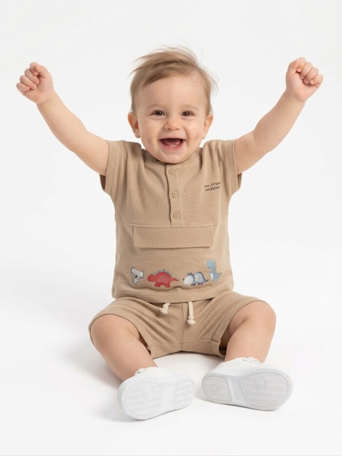 Pamuklu Dinazor Detaylı 2li Erkek Bebek Şortlu Takım