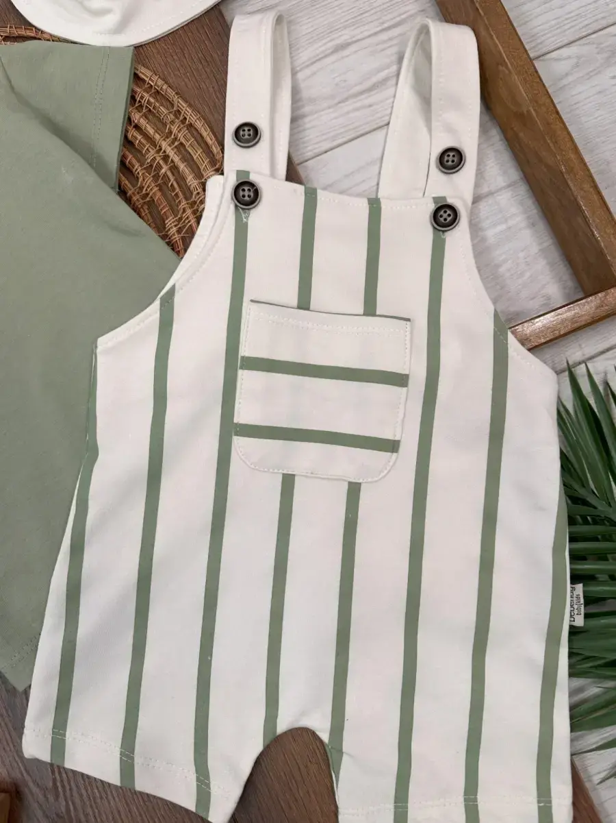 3lü Şapkalı Omuzdan Çıtçıtlı Şeritli Salopet Erkek Bebek Takım
