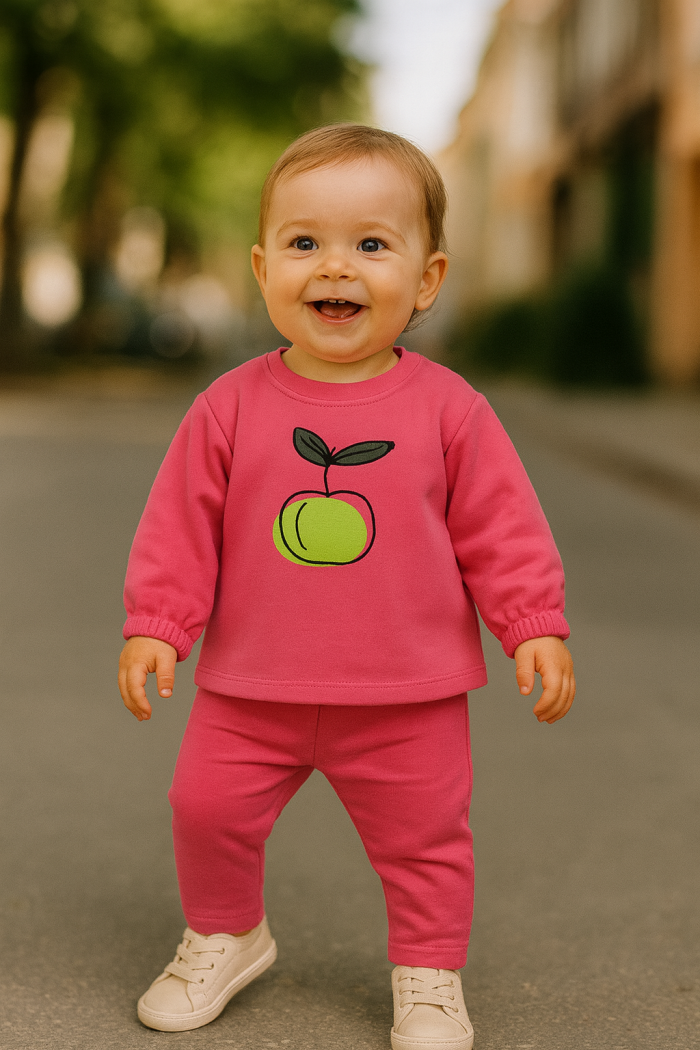 Pamuklu Kaliteli Elma Desenli Uzun Kollu 2li Kız Bebek Takım