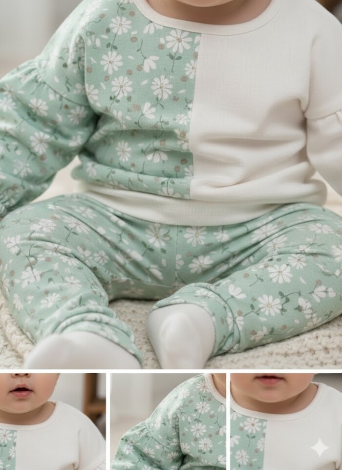 Organik Çiçek Desenli Erkek Bebek 2li Takım