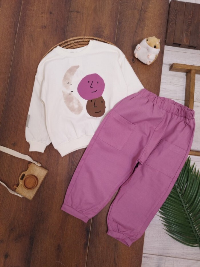 Krem Renk %100 Pamuklu Gabardin Pantolonlu Likralı Cepli Kız Çocuk Takım