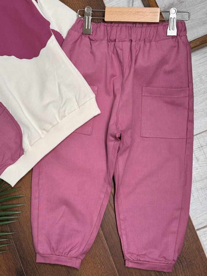 Lila Pembe Pamuklu Keten Pantolon Mevsimlik Uzun kollu Kız Çocuk Takım